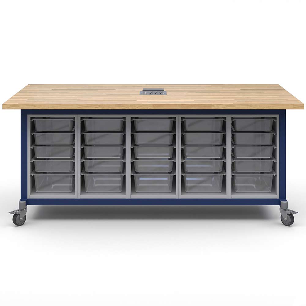 Haskell Education Explorer Maker Table with Butcher Block Top, 5 Bin Storage Modules and Power Unit - 36.5"H x 84"W x 42"D (MK1EBBBBN.4284) - SchoolOutlet