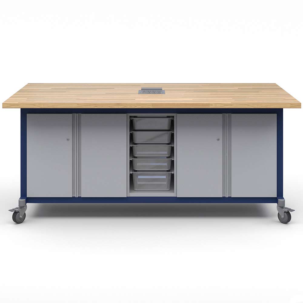 Haskell Education Explorer Maker Table with Butcher Block Top, 2 Double Storage Module with Doors, 1 Bin Center Storage Module and Power Unit - 36.5"H x 84"W x 42"D (MK1ED2BD2 - 4284) - SchoolOutlet