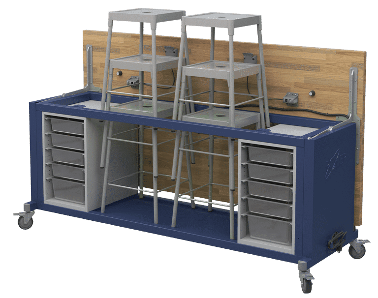 Haskell Education Rover Table with Butcher Block Retractable top, 2 Bin Storage Modules with Bins, 6 Stools (RV1SBxxxB) - SchoolOutlet