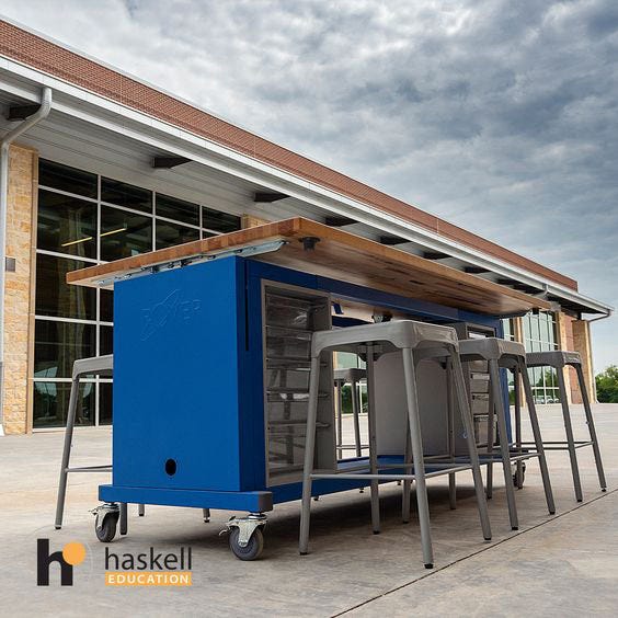 Haskell Education Rover Table with Butcher Block Retractable top, 2 Bin Storage Modules with Bins, 6 Stools, Power Unit (RVISEBxxxB) - SchoolOutlet
