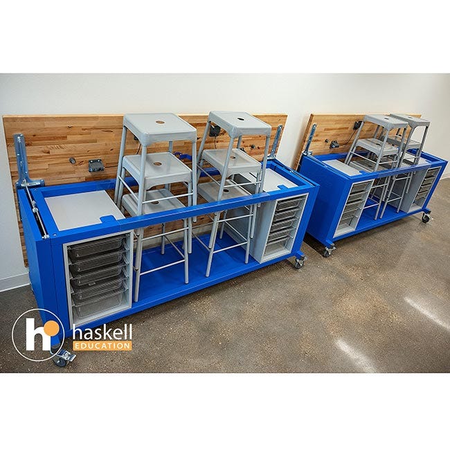 Haskell Education Rover Table with Butcher Block Retractable top, 2 Bin Storage Modules with Bins, 6 Stools, Power Unit (RVISEBxxxB) - SchoolOutlet
