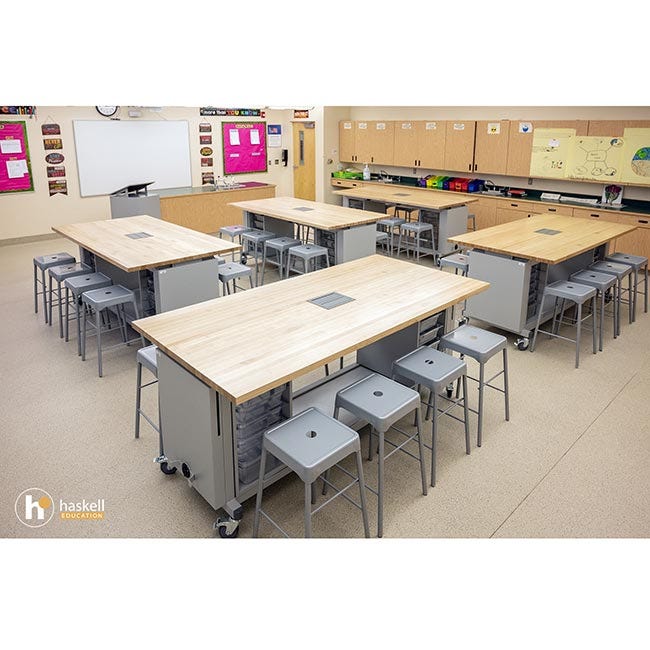 Haskell Education Rover Table with Butcher Block Retractable top, 2 Bin Storage Modules with Bins, 6 Stools, Power Unit (RVISEBxxxB) - SchoolOutlet