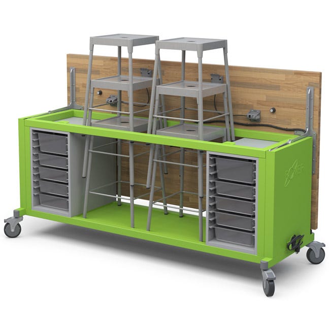 Haskell Education Rover Table with Butcher Block Retractable top, 2 Bin Storage Modules with Bins, 6 Stools, Power Unit (RVISEBxxxB) - SchoolOutlet