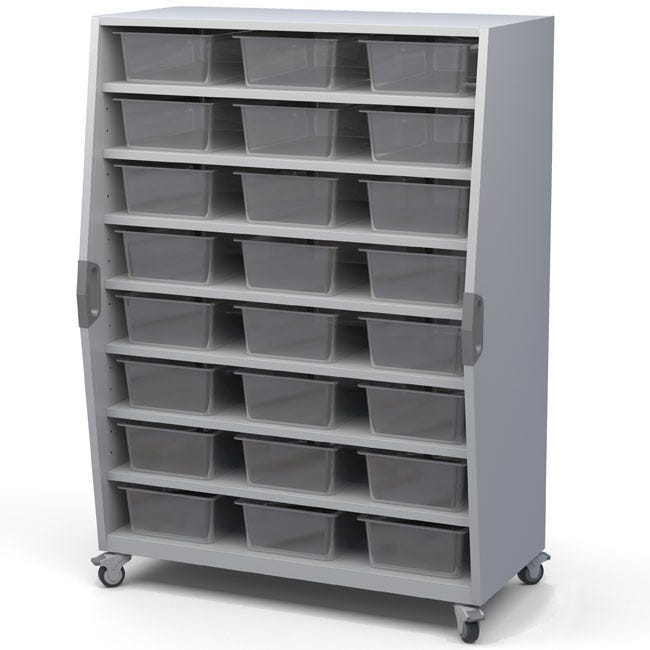 Haskell Education Explorer Tall Storage Cart with 1 fixed, 6 Adjustable Shelves, 24 - 6" bins, Magnetic Whiteboard Backing - 66"H x 47"W x 26.5"D (TSTOR02) - SchoolOutlet