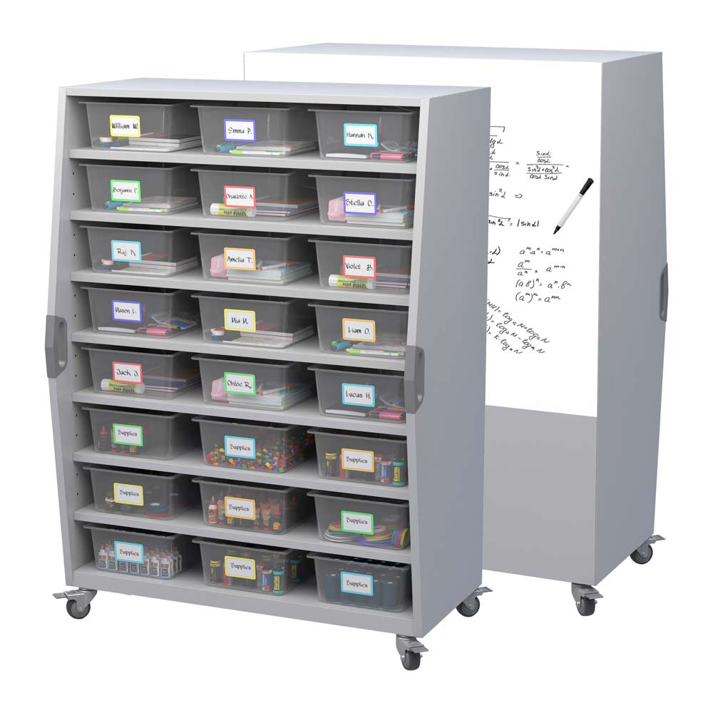 Haskell Education Explorer Tall Storage Cart with 1 fixed, 6 Adjustable Shelves, 24 - 6" bins, Magnetic Whiteboard Backing - 66"H x 47"W x 26.5"D (TSTOR02) - SchoolOutlet