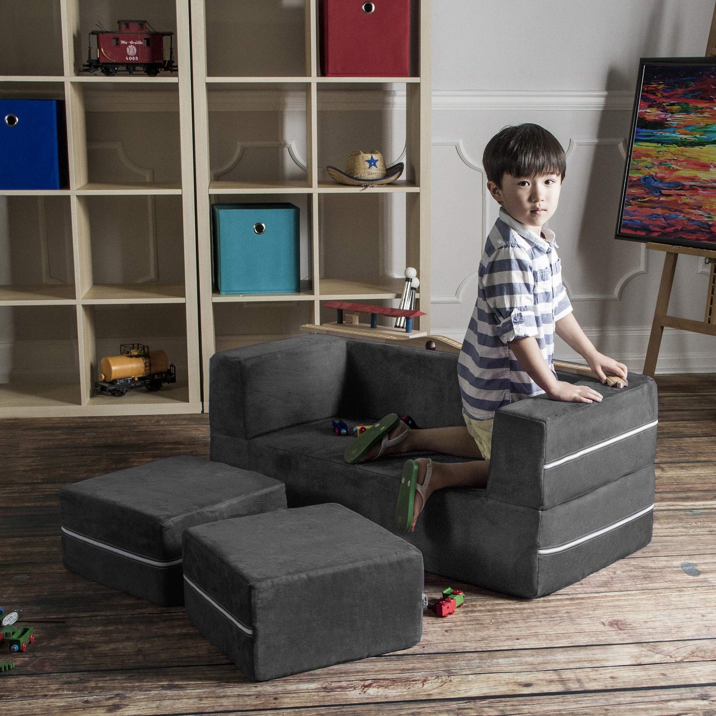Jaxx Zipline Modular Kids Loveseat & Ottomans (16767) - SchoolOutlet