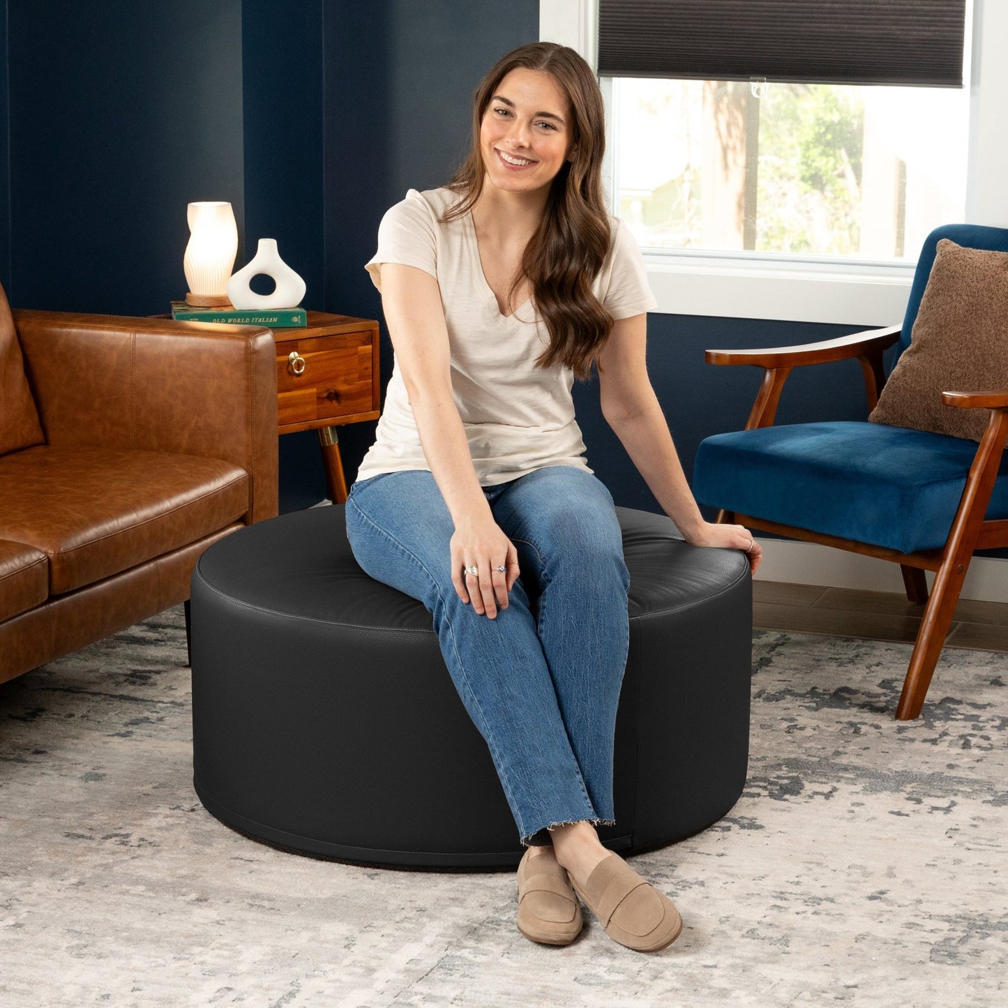 Jaxx Candler Round Couch Ottoman - Oversized Giant Coffee Table & Foot Rest, 36" - Premium Faux Leather (19786) - SchoolOutlet