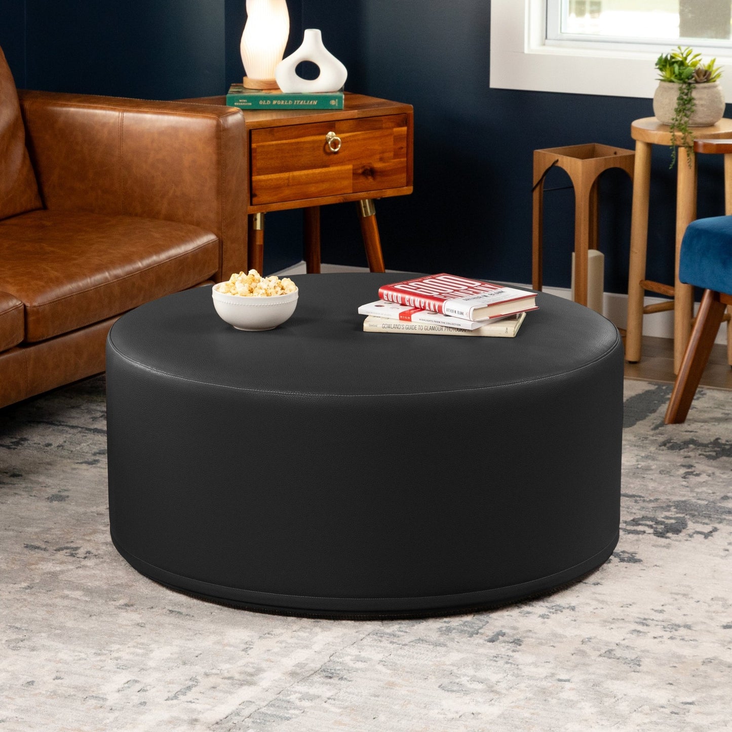 Jaxx Candler Round Couch Ottoman - Oversized Giant Coffee Table & Foot Rest, 36" - Premium Faux Leather (19786) - SchoolOutlet