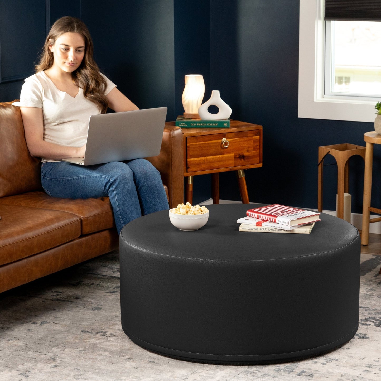 Jaxx Candler Round Couch Ottoman - Oversized Giant Coffee Table & Foot Rest, 36" - Premium Faux Leather (19786) - SchoolOutlet