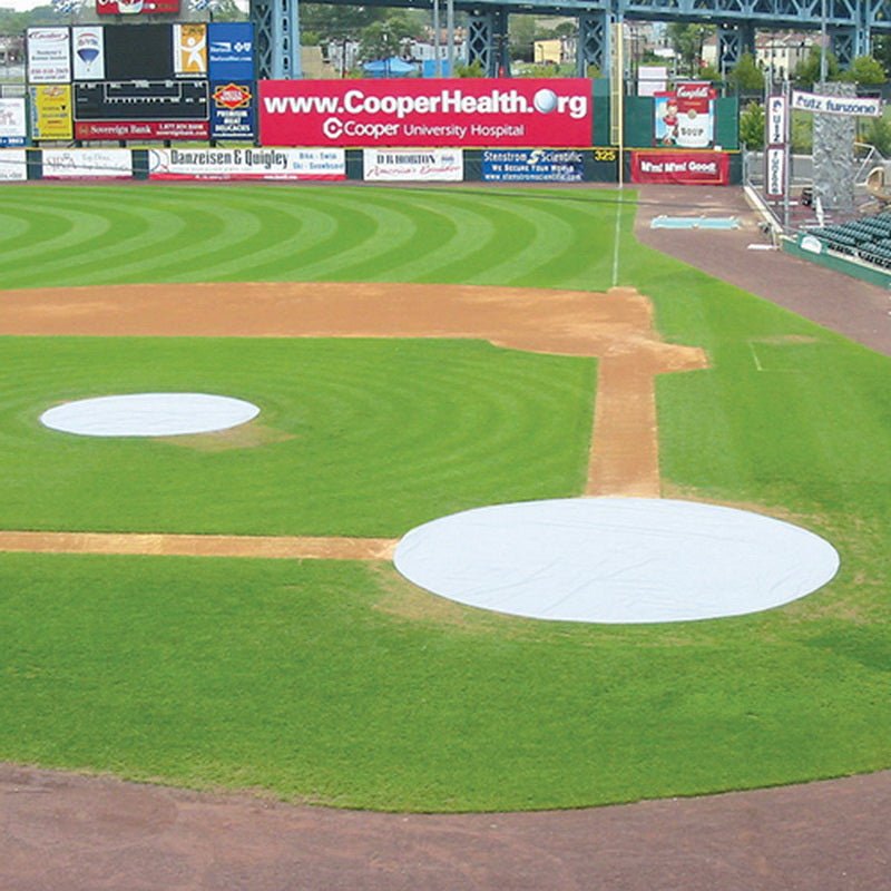 Jaypro Sports Outdoor Field Equipment - Baseball Tarp with Ground Stakes (26' Round - 6 OZ. Polyethylene) - Home Plate (White or Silver - Reversible) (AFC - HP) - SchoolOutlet