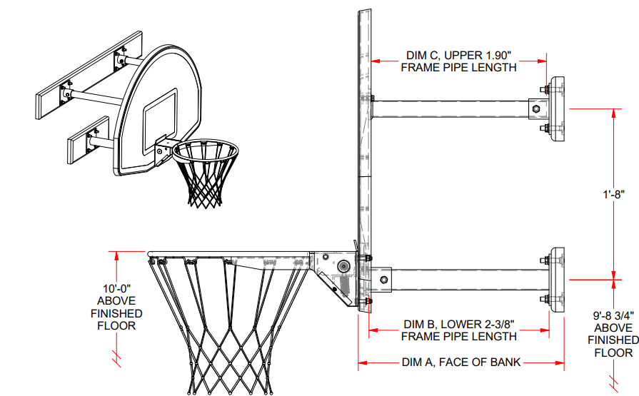 Jaypro Sports Basketball Backstop - Wall - Mounted - Shooting Station - 3 - Point Fan Backboard - 6 in. - 2 ft. Wall Offset (N2FB) - SchoolOutlet