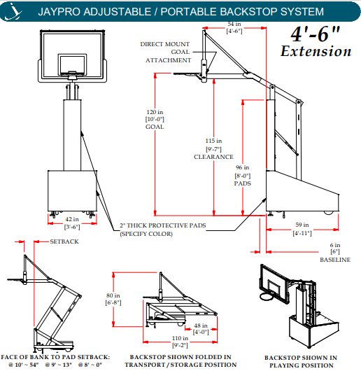 Jaypro Sports Basketball System - Elite 5400 Portable Basketball System with 42"H x 54"W Board (PBEL54) - SchoolOutlet
