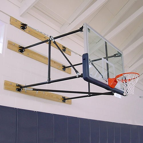 Jaypro Sports Basketball Backstop - Wall - Mounted - Shooting Station - Side Folding - Stationary Glass Backboard, 2 ft. - 12 ft. Wall Offset (S1012GB) - SchoolOutlet