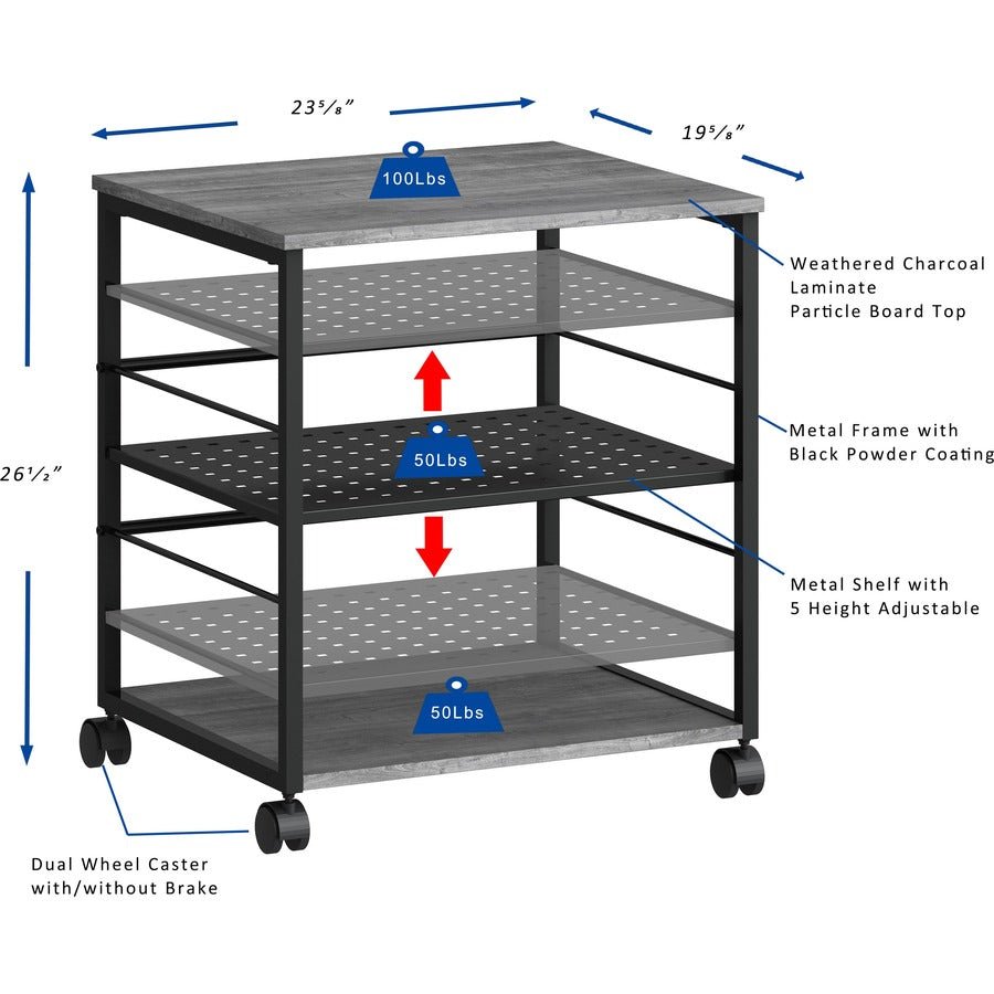 Lorell Heavy - Duty Deskside Mobile Printer Stand with 3 Shelves and Locking Casters 23.6" W x 19.6" D x 26.5" H (LLR - LLR60263) - SchoolOutlet