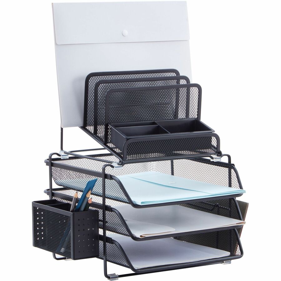 Lorell Black Mesh/Wire Divided 4 - Tier Desktop Organizer with Sliding File Trays (LLR - LLR95251) - SchoolOutlet