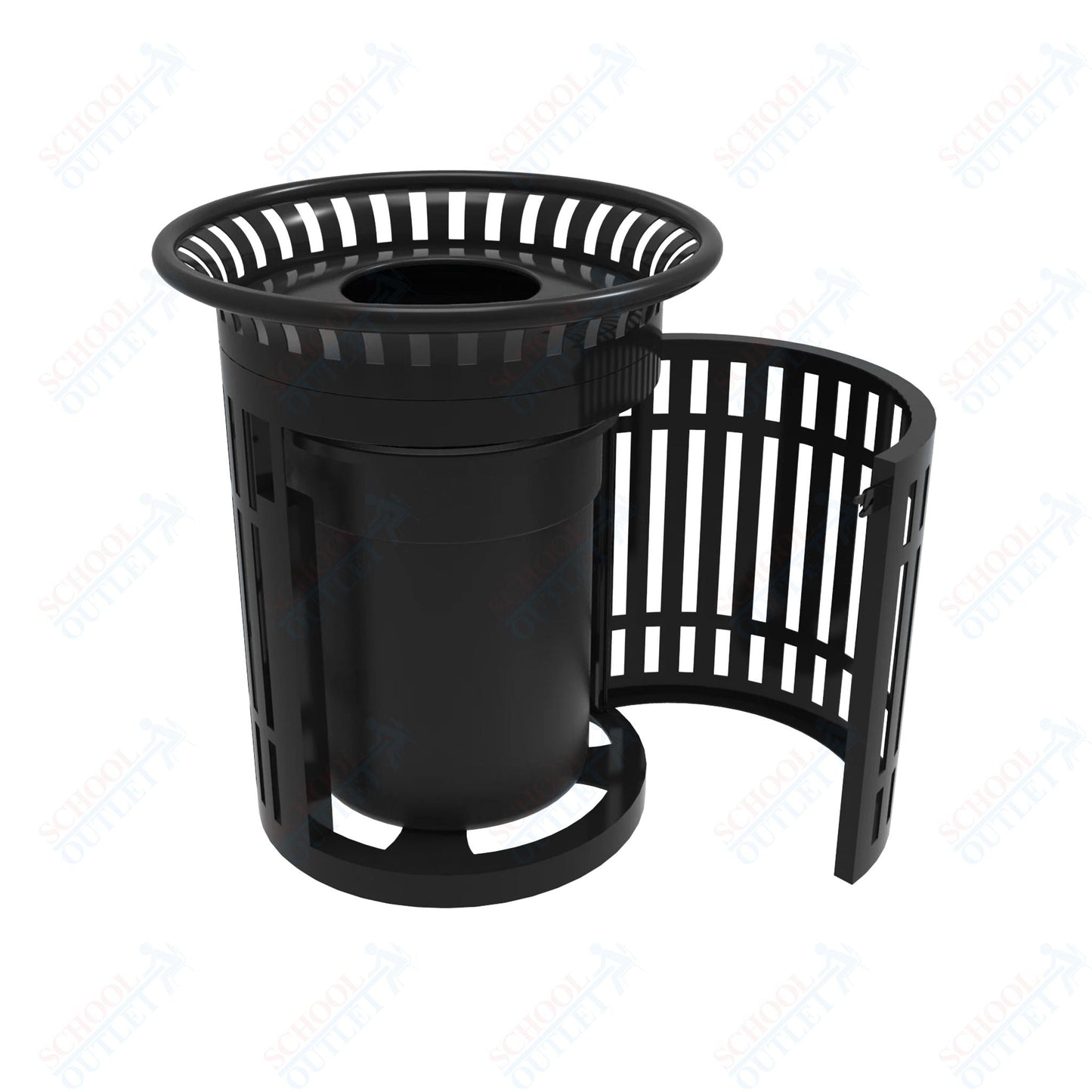 MyTcoat - 32 Gallon Skyline Trash Receptacle with Flared Top and Side Opening - Flattop and Liner - Strap Metal 33.8" Diameter x 39.7" H (MYT - RSL32 - 02) - SchoolOutlet