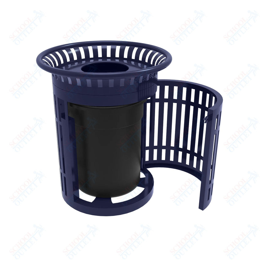 MyTcoat - 32 Gallon Skyline Trash Receptacle with Flared Top and Side Opening - Flattop and Liner - Strap Metal 33.8" Diameter x 39.7" H (MYT - RSL32 - 02) - SchoolOutlet