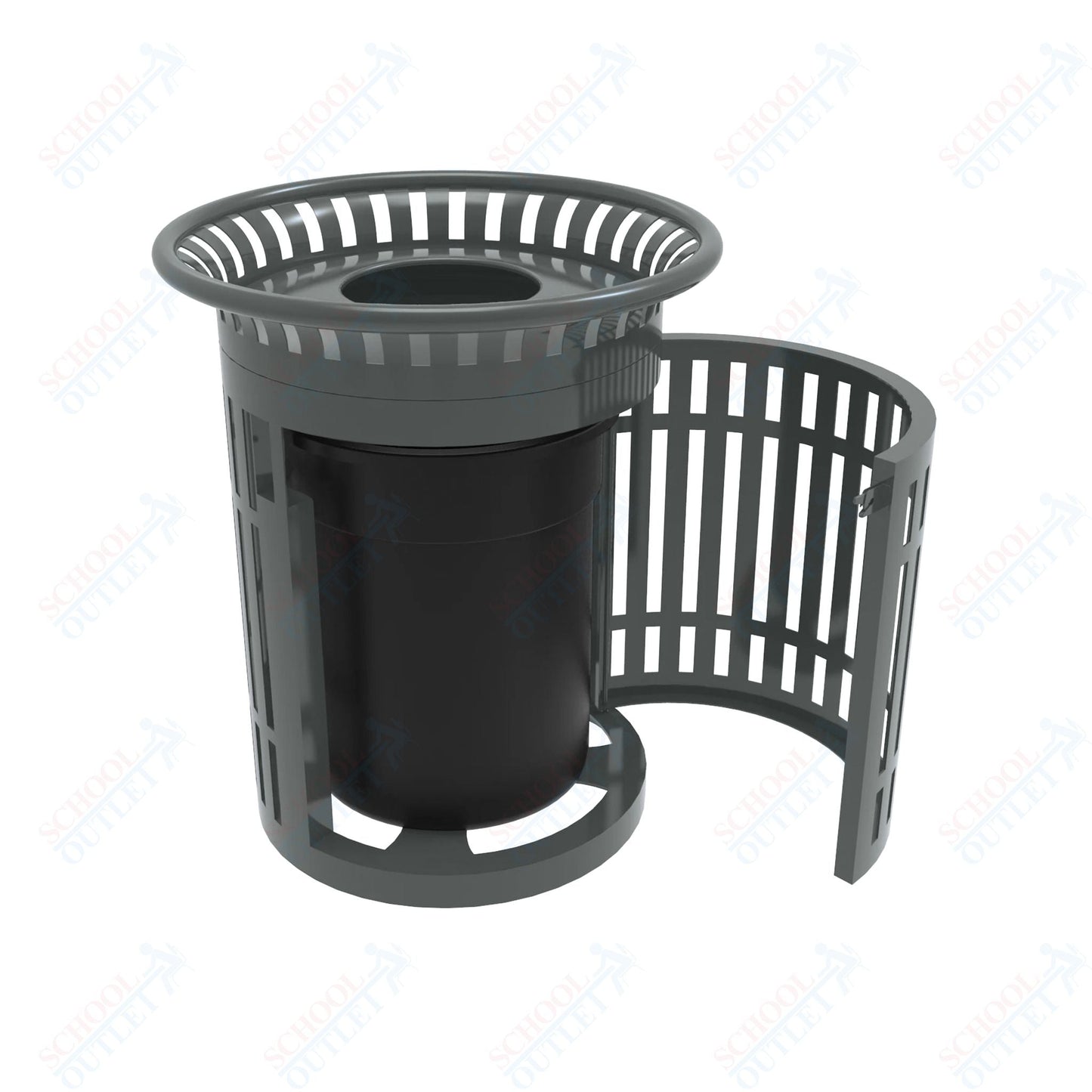 MyTcoat - 32 Gallon Skyline Trash Receptacle with Flared Top and Side Opening - Flattop and Liner - Strap Metal 33.8" Diameter x 39.7" H (MYT - RSL32 - 02) - SchoolOutlet