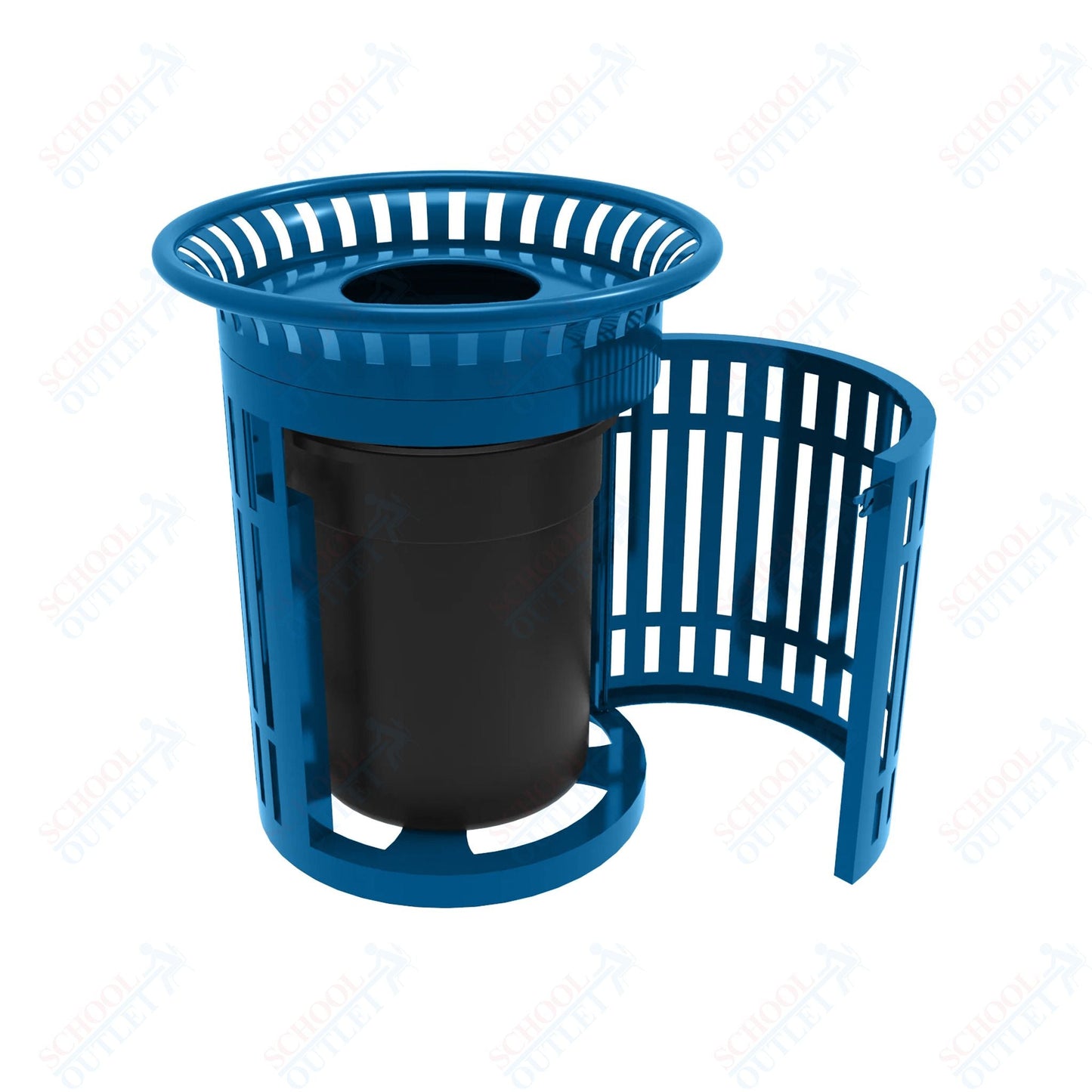 MyTcoat - 32 Gallon Skyline Trash Receptacle with Flared Top and Side Opening - Flattop and Liner - Strap Metal 33.8" Diameter x 39.7" H (MYT - RSL32 - 02) - SchoolOutlet