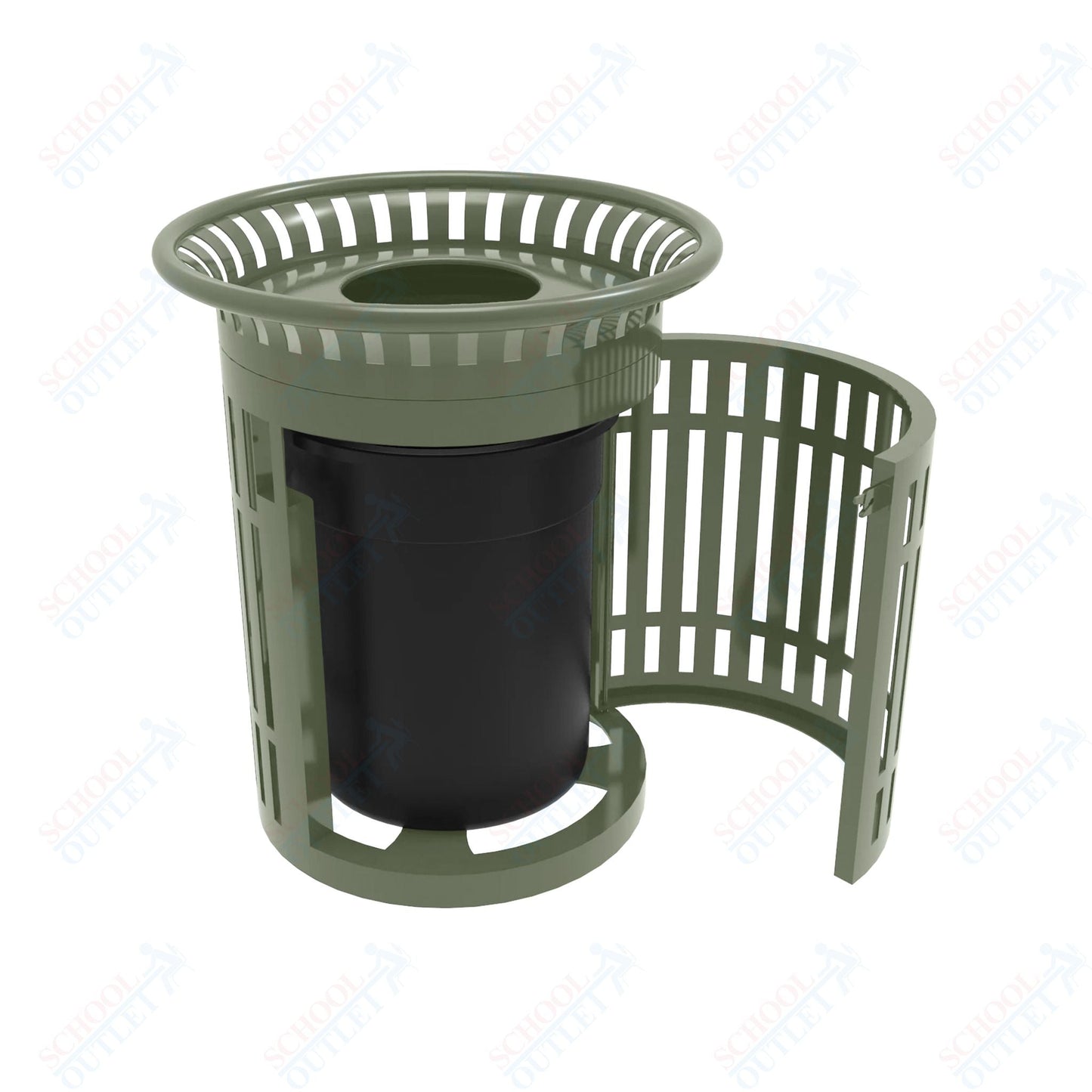 MyTcoat - 32 Gallon Skyline Trash Receptacle with Flared Top and Side Opening - Flattop and Liner - Strap Metal 33.8" Diameter x 39.7" H (MYT - RSL32 - 02) - SchoolOutlet
