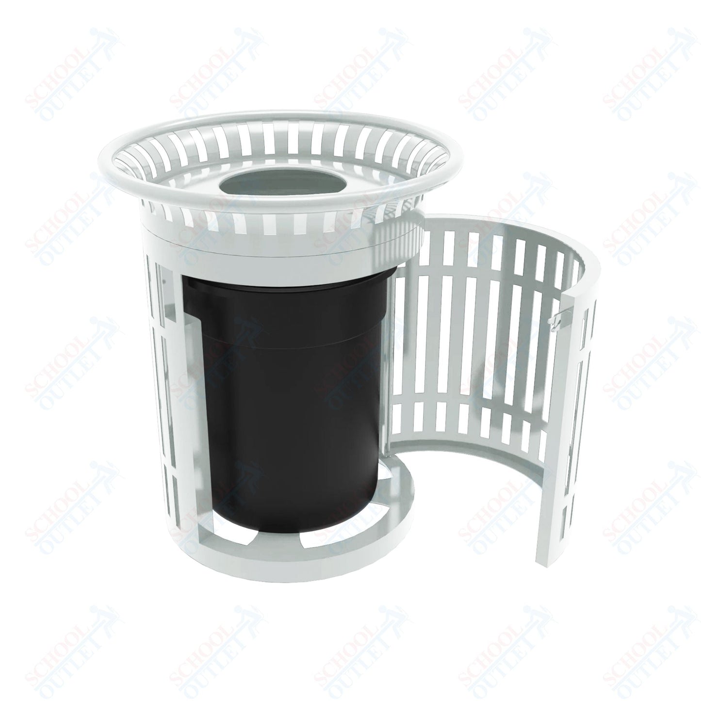 MyTcoat - 32 Gallon Skyline Trash Receptacle with Flared Top and Side Opening - Flattop and Liner - Strap Metal 33.8" Diameter x 39.7" H (MYT - RSL32 - 02) - SchoolOutlet