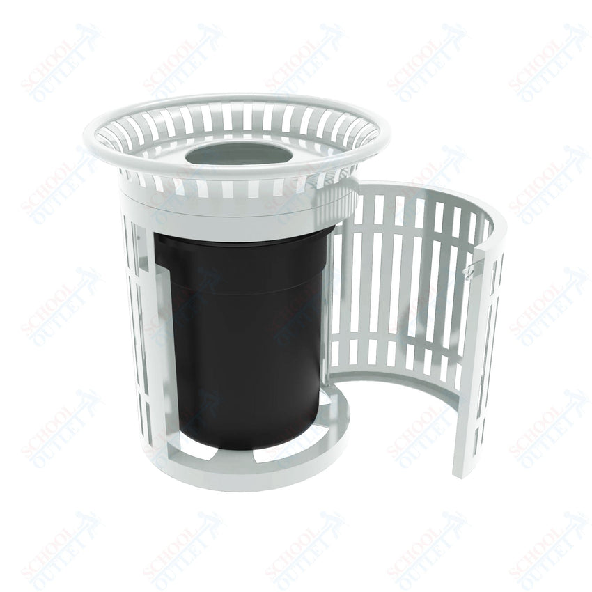 MyTcoat - 32 Gallon Skyline Trash Receptacle with Flared Top and Side Opening - Flattop and Liner - Strap Metal 33.8" Diameter x 39.7" H (MYT - RSL32 - 02) - SchoolOutlet