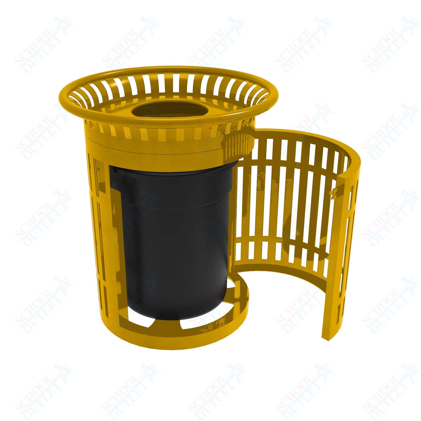 MyTcoat - 32 Gallon Skyline Trash Receptacle with Flared Top and Side Opening - Flattop and Liner - Strap Metal 33.8" Diameter x 39.7" H (MYT - RSL32 - 02) - SchoolOutlet