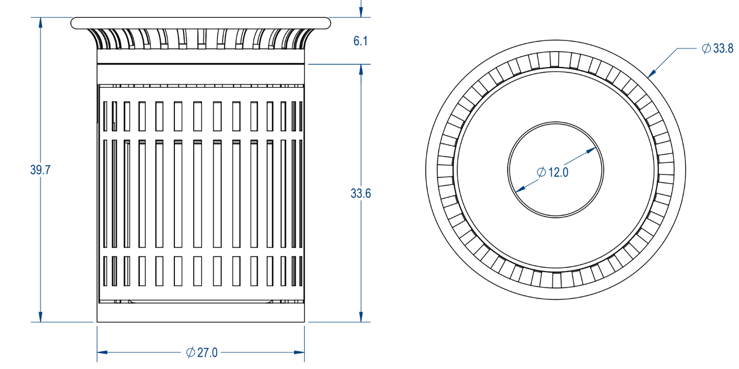 MyTcoat - 32 Gallon Skyline Trash Receptacle with Flared Top and Side Opening - Steel Dome and Liner - Strap Metal 33.8" Diameter x 39.7" H (MYT - RSL32 - 02 - 001) - SchoolOutlet