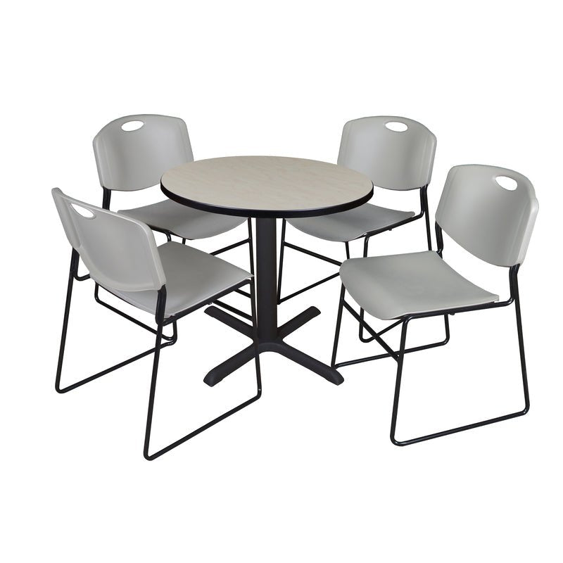 Regency Cain Round X - Base Breakroom Table with 4 Zeng Stack Chairs 30" W x 30" D x 29" H (REG - TB30R - 44) - SchoolOutlet