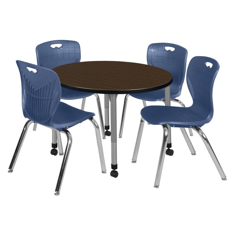 Regency Kee Round Mobile Adjustable Classroom Table and 4 Andy Stack Chairs 42"W x 42"D x 23" 34"H (REG - TB42R - 40) - SchoolOutlet