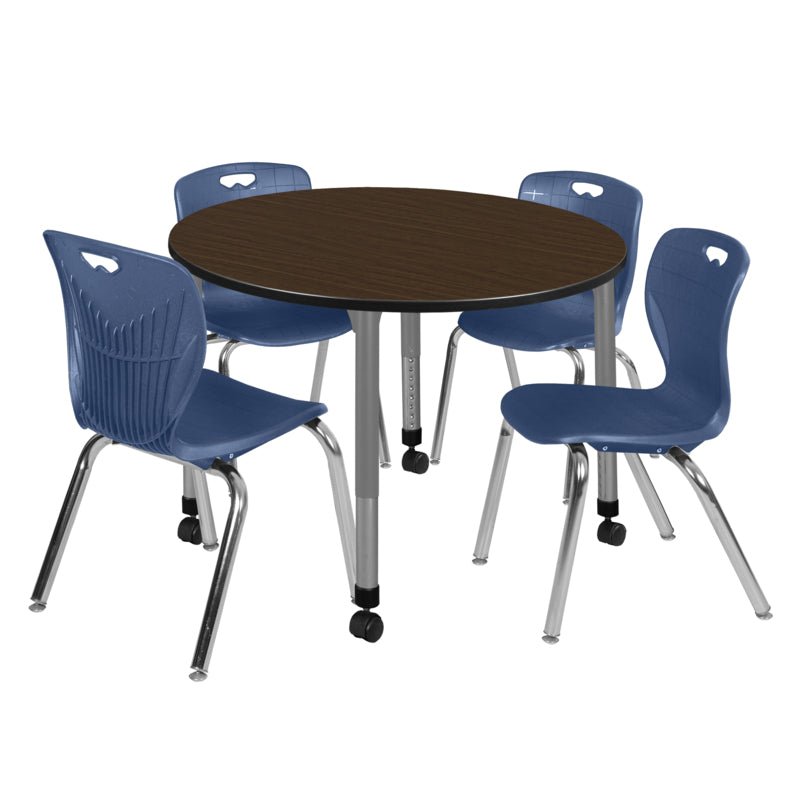 Regency Kee Mobile Round Height Adjustable Classroom Table with 4 Andy Stack Chairs 48" W x 48" D x 23" - 34"H (TB48RNDNOAPCBK40BK) - SchoolOutlet