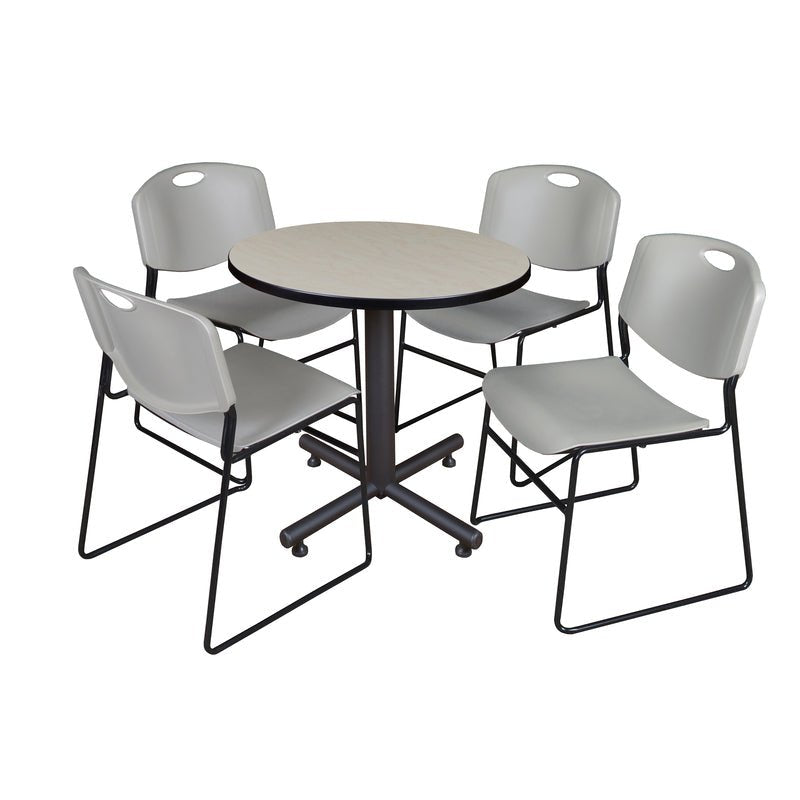 Regency Kobe Efficient Round X - Base Breakroom Table with 4 Zeng Stack Chairs 30" W x 30" D x 29" H (REG - TKB30R - 44) - SchoolOutlet