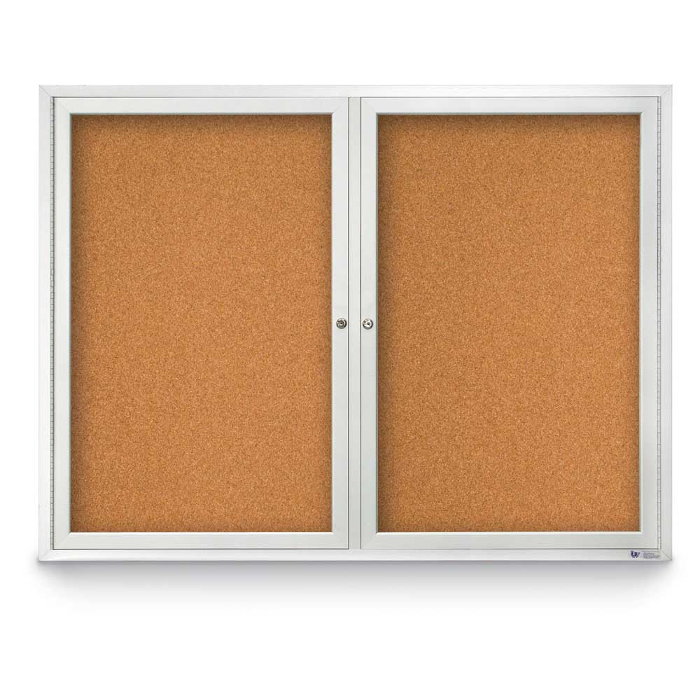 United Visual Indoor Enclosed Bulletin Board w/ Two Doors & Satin Aluminum Frame, 48" W x 36" H (UVP - UV303) - SchoolOutlet