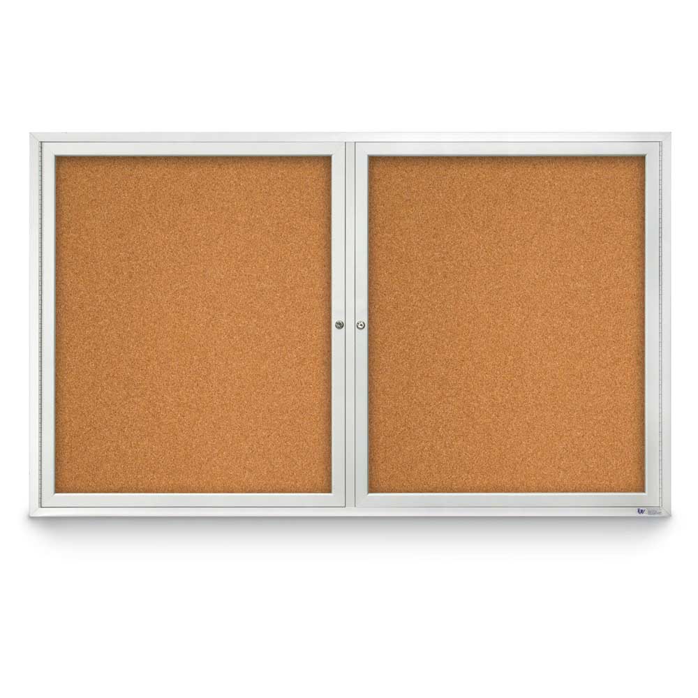 United Visual Indoor Enclosed Bulletin Board w/ Two Doors & Satin Aluminum Frame, 60" W x 36" H (UVP - UV304) - SchoolOutlet