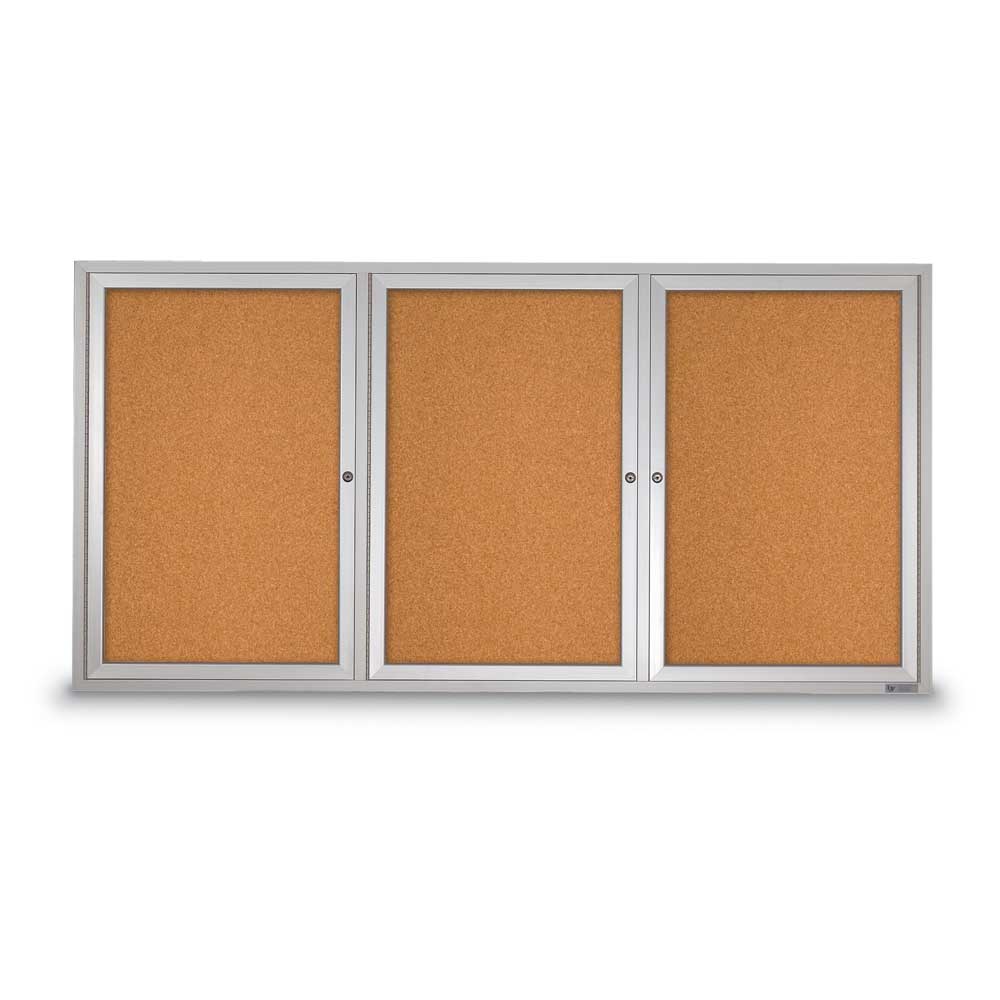 United Visual Enclosed Bulletin Board w/ Three Doors & Satin Aluminum Frame - Indoor Use, 72" W x 36" H (UVP - UV306) - SchoolOutlet