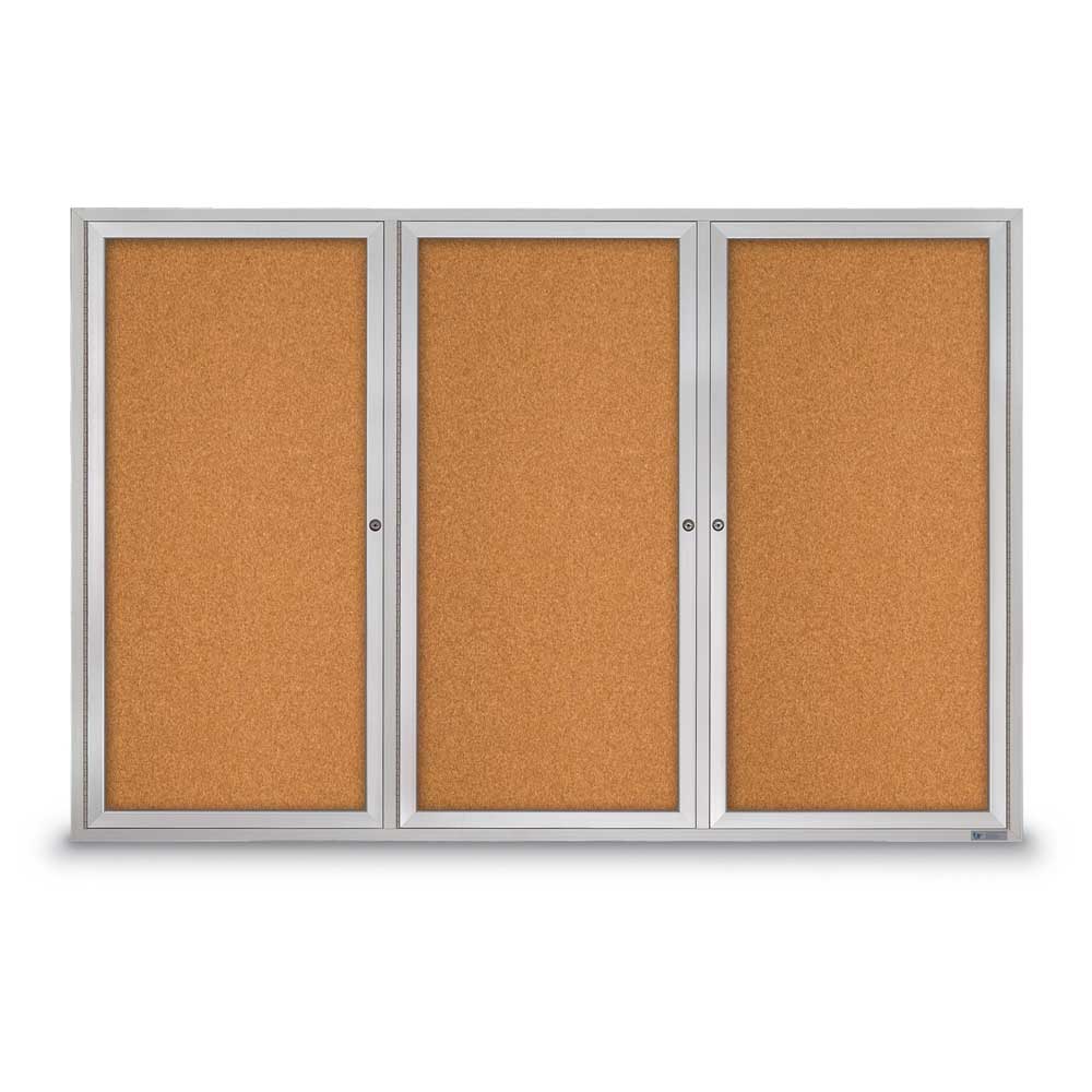 United Visual Enclosed Bulletin Board w/ Three Doors & Satin Aluminum Frame - Indoor Use, 72" W x 48" H (UVP - UV307) - SchoolOutlet