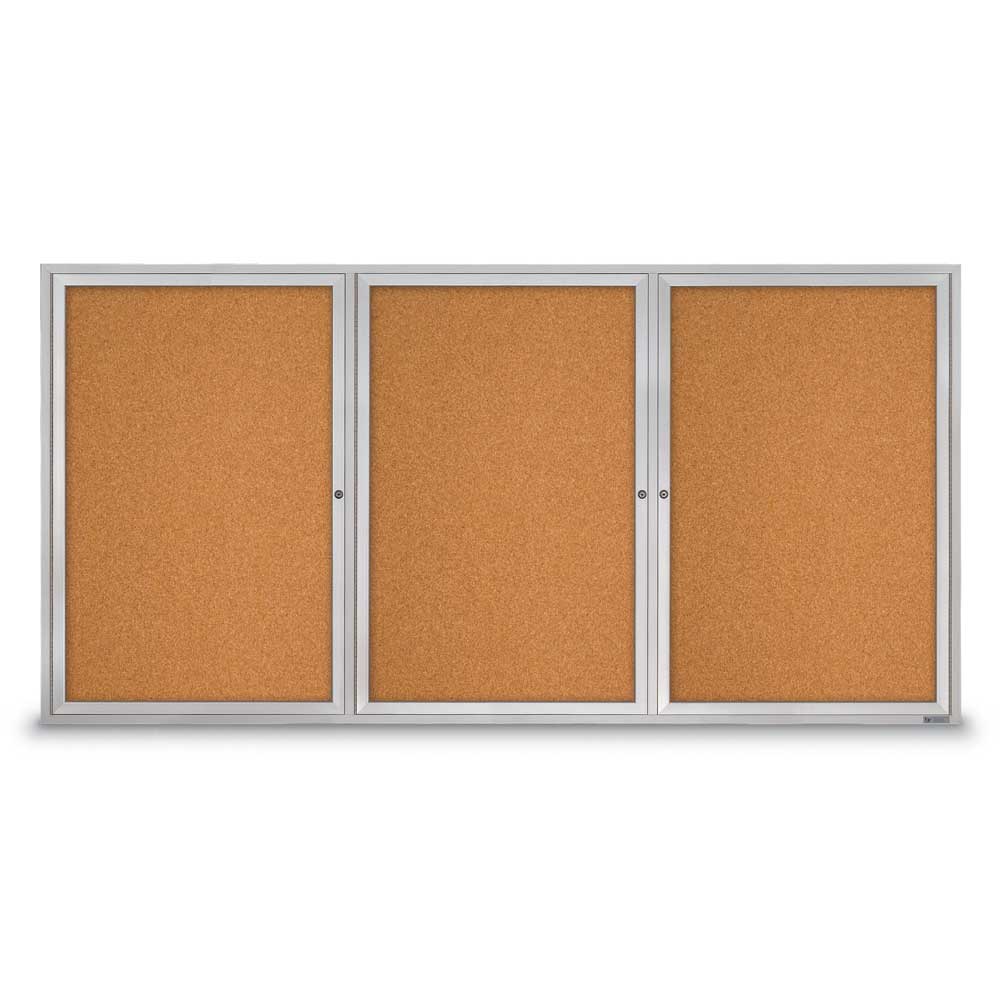 United Visual Enclosed Bulletin Board w/ Three Doors & Satin Aluminum Frame - Indoor Use, 96" W x 48" H (UVP - UV308) - SchoolOutlet