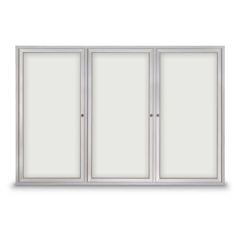 United Visual Indoor Enclosed Dry Erase Board w/ Three Doors & Radius Frame, 6' W x 4' H (UVP - UV872) - SchoolOutlet