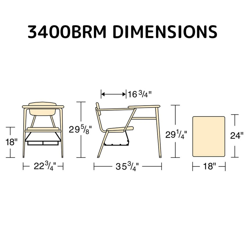 Virco 3400BRM Student Combo Desk with 18" Hard Plastic Seat, 18" x 24" Hard Plastic Top, bookrack for School and Classrooms - SchoolOutlet