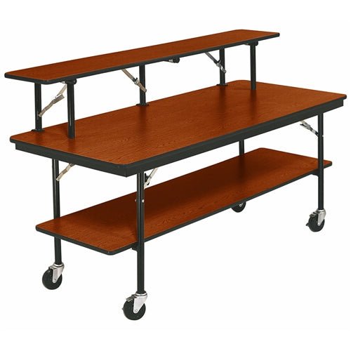 AmTab Mobile Buffet Table - Plywood Stained and Sealed - Three Level - Rectangle - 30"W x 96"L x 40"H (AmTab AMT-BF308P) - SchoolOutlet