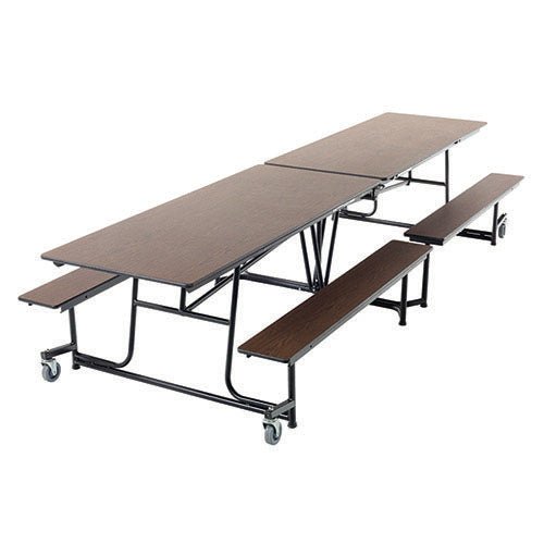 AmTab Mobile Bench Table - Rectangle - 30"W x 12'1"L - 4 Benches Black Metal Frame, Walnut Top with Black Dyna Rock Edge (AMT-QUICK-MBT12-WBB) - SchoolOutlet