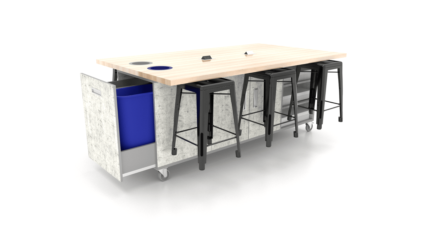 CEF ED Original Table 36"H Butcher Block Top, Laminate Base with 6 Stools, Storage Bins, Trash Bins, and Electrical Outlets Included. - SchoolOutlet