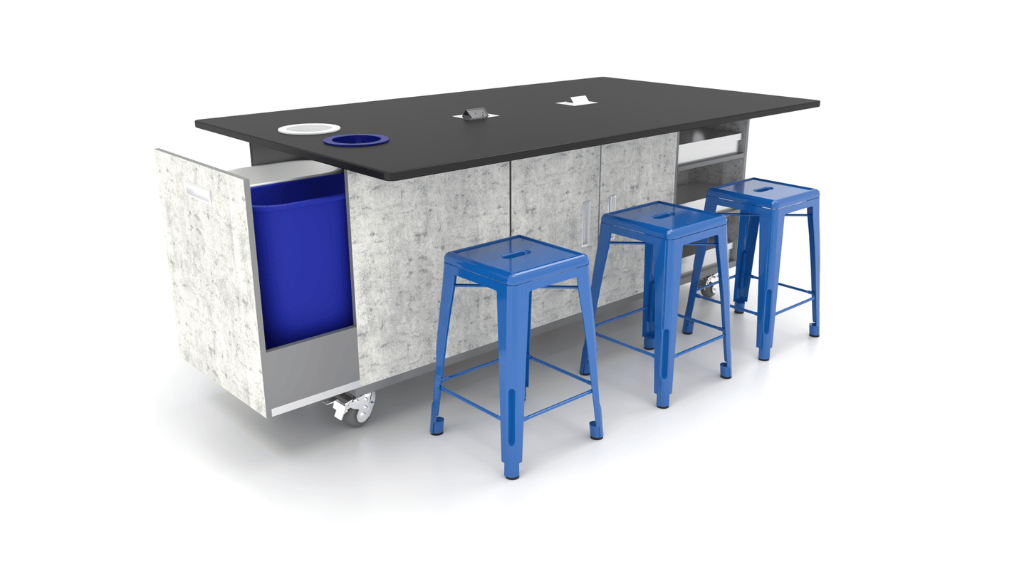 CEF ED Original Table 36"H Tough Top, Laminate Base with 6 Stools, Storage Bins, Trash Bins, and Electrical Outlets Included. - SchoolOutlet