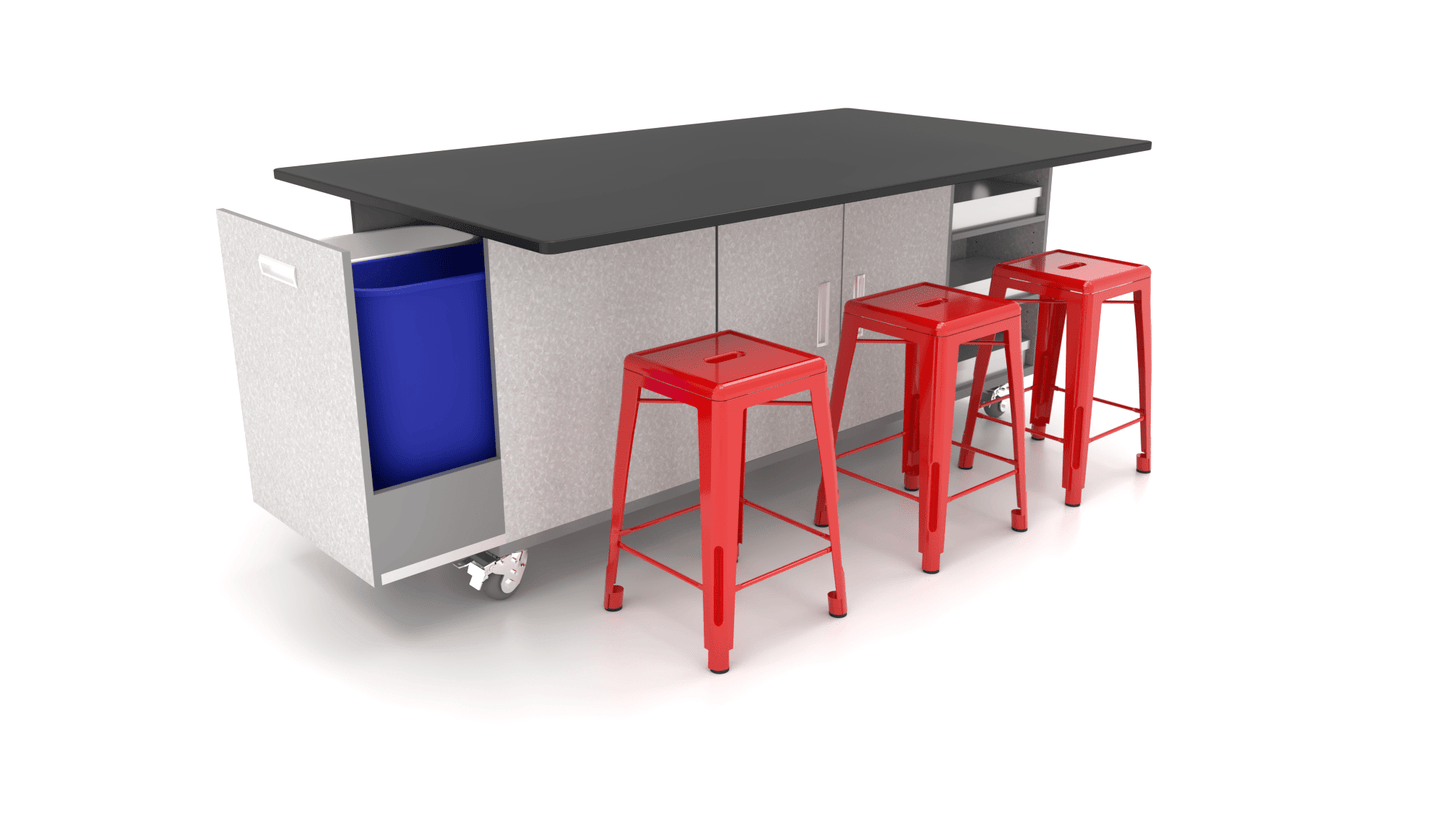 CEF ED Original Table 42"H Chemical Resistant Top, Laminate Base with 6 Stools, Storage Bins, Trash Bins, and Electrical Outlets Included. - SchoolOutlet