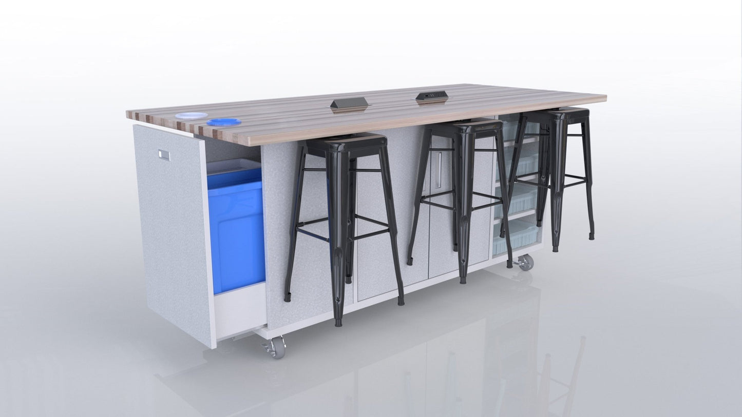 CEF ED Original Table 42"H Butcher Block Top, Laminate Base with 6 Stools, Storage Bins, Trash Bins, and Electrical Outlets Included. - SchoolOutlet