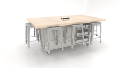 CEF ED8 Table 36"H Butcher Block Top, Laminate Base with  8 Stools, Storage bins, and Electrical Outlets Included.