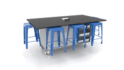 CEF ED8 Table 36"H Tough Top, Laminate Base with  8 Stools, Storage bins, and Electrical Outlets Included.