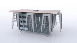 CEF ED8 Table 42"H High Pressure Laminate Top, Laminate Base with  8 Stools, Storage bins, and Electrical Outlets Included.