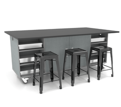 CEF ED Double Table 42"H Chemical Resistant Top, Laminate Base with  6 Stools, Storage bins, and Electrical Outlets Included.