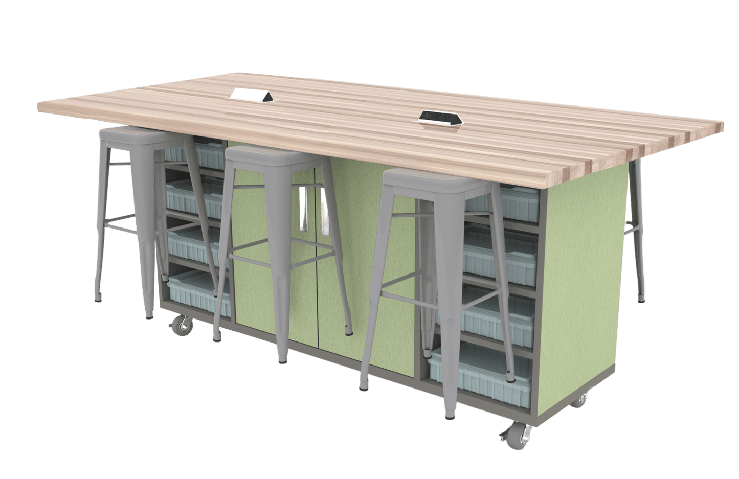 CEF ED Double Table 42"H Butcher Block Top, Laminate Base with 6 Stools, Storage bins, and Electrical Outlets Included. - SchoolOutlet